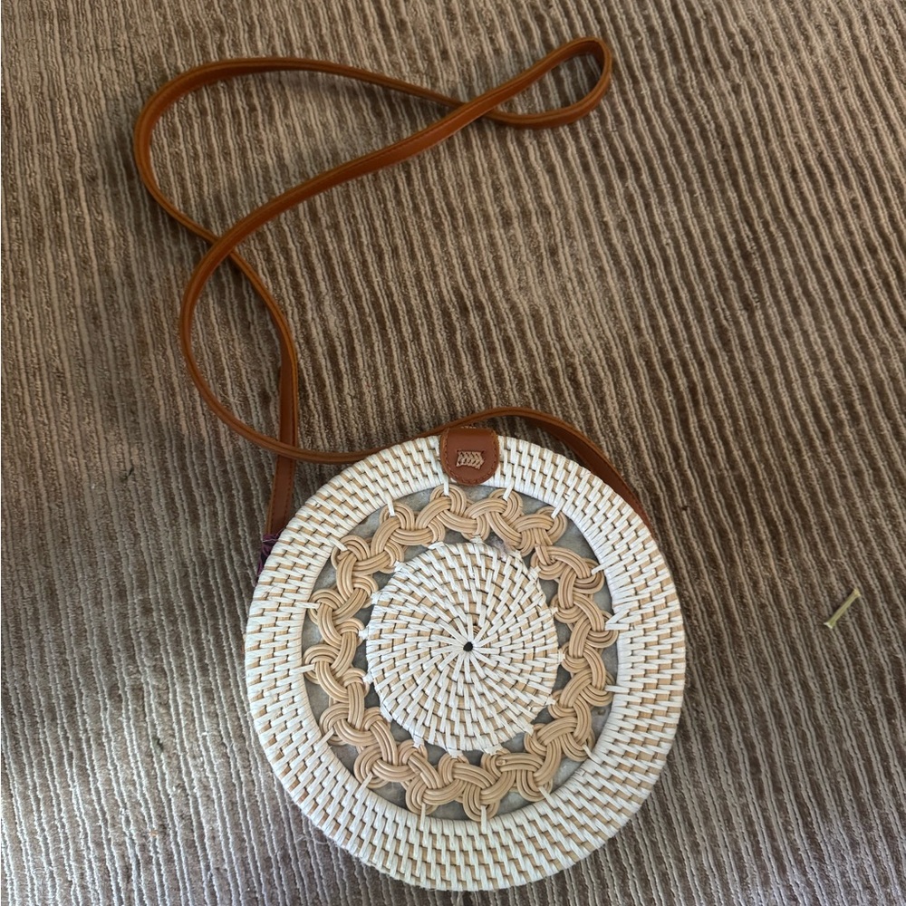 Round Woven Rattan Crossbody Bag in White and Tan